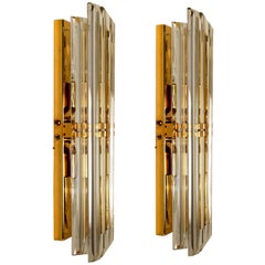 Set of Two Venini Style Murano Glass and Gilt Brass Sconces, Italy