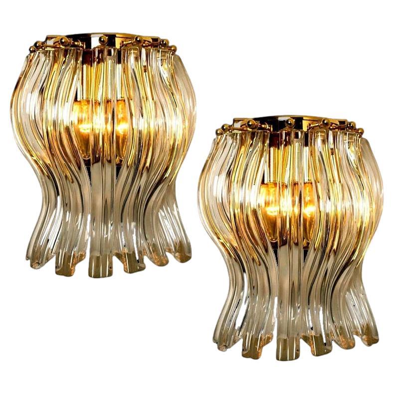 Set of Two Venini Style Murano Glass and Gilt Brass Sconces, Italy