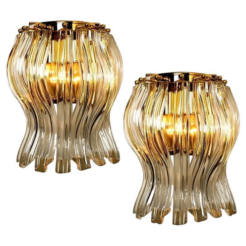Set of Two Venini Style Murano Glass and Gilt Brass Sconces, Italy