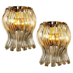 Set of Two Venini Style Murano Glass and Gilt Brass Sconces, Italy