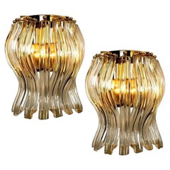 Set of Two Venini Style Murano Glass and Gilt Brass Sconces, Italy