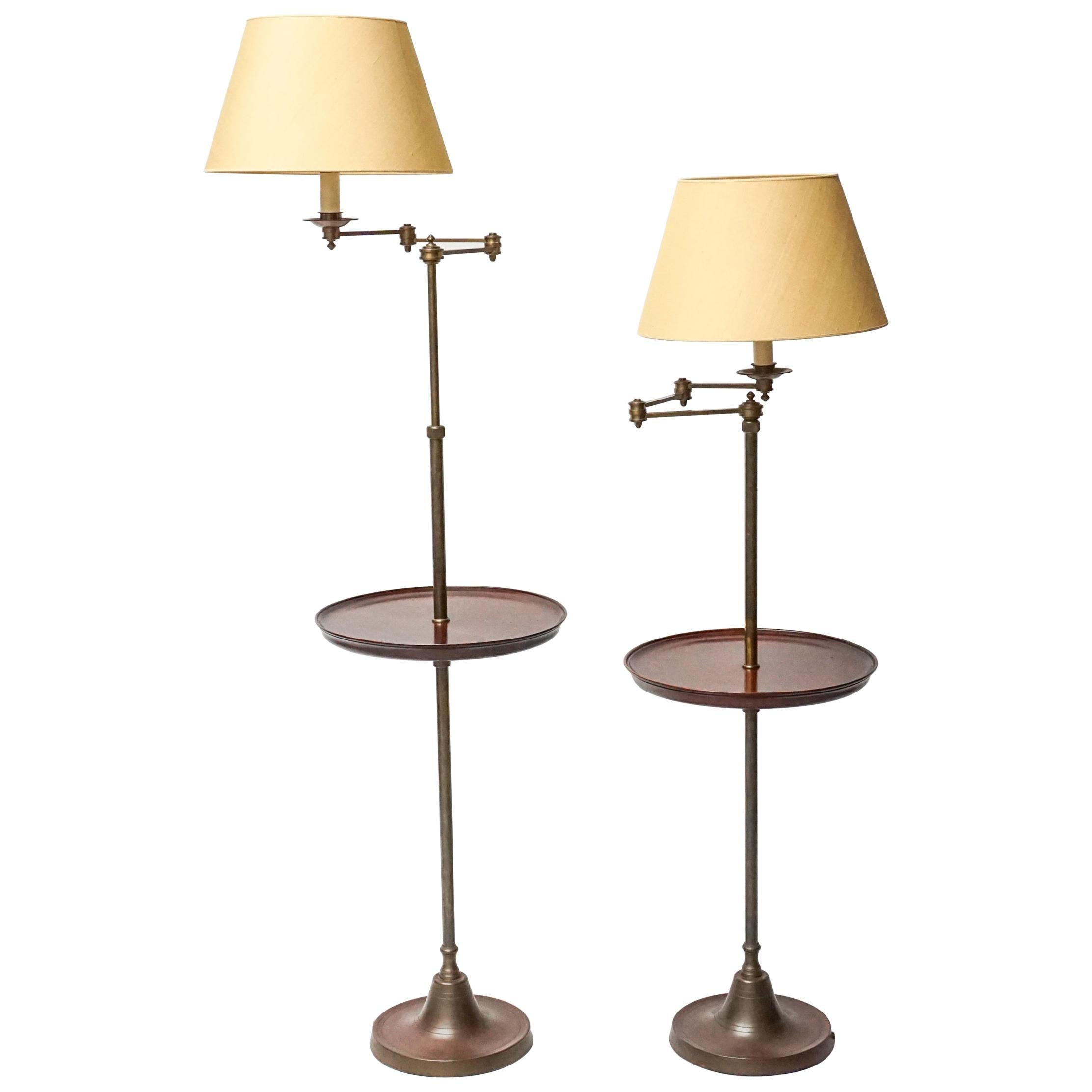 Set of Two Vintage 1990s Brass and Mahogany Vaughan Designs Tray Floor Lamps