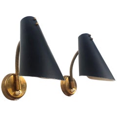 Set of Two Vintage Black with Brass Stilnovo Style Wall Lights, 1950s