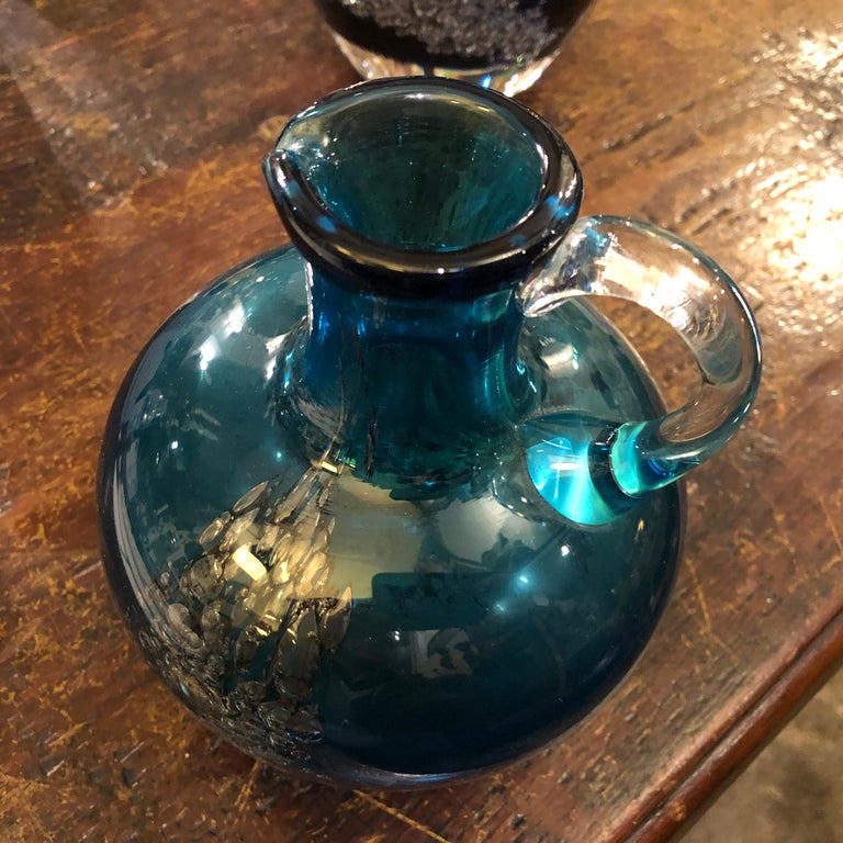 Set of Two Vintage Blue and Gray Glass Jugs, circa 1980 For Sale at 1stdibs