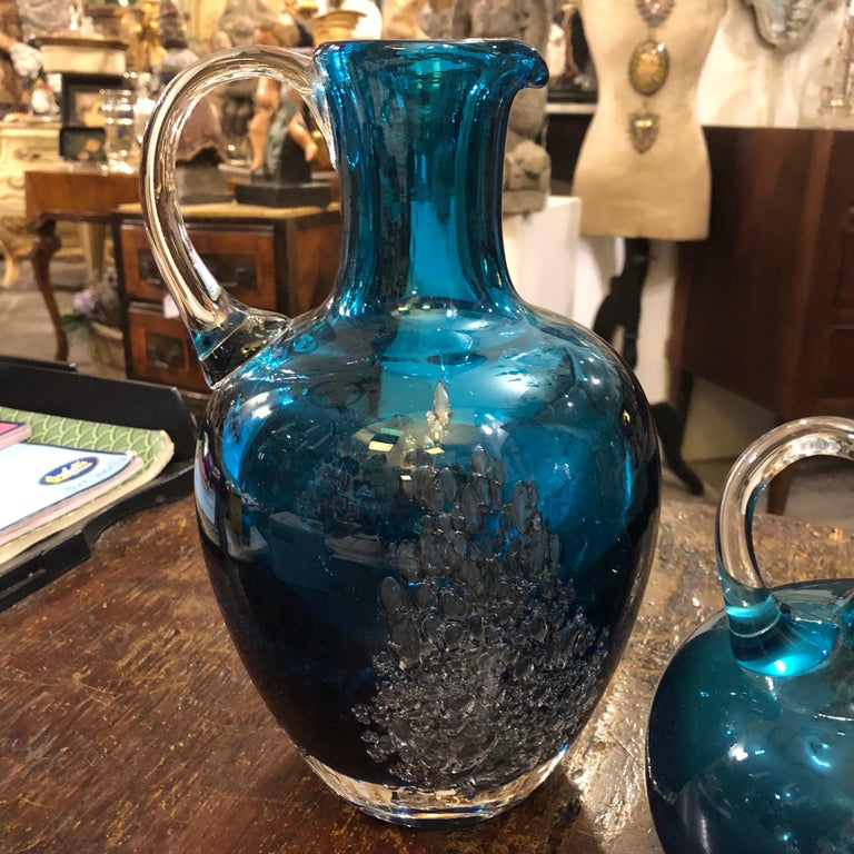 Set of Two Vintage Blue Glass Jugs by Mdina Glass, circa 1980 For Sale