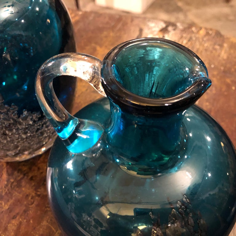 Set of Two Vintage Blue Glass Jugs by Mdina Glass, circa 1980 For Sale