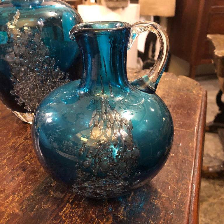 Set of Two Vintage Blue Glass Jugs by Mdina Glass, circa 1980 For Sale
