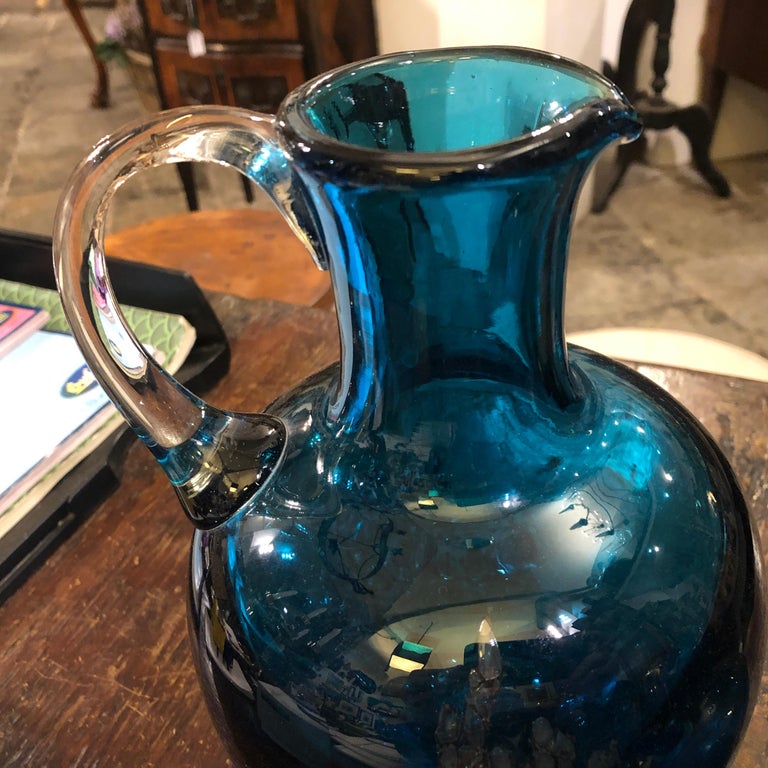 Set of Two Vintage Blue Glass Jugs by Mdina Glass, circa 1980 For Sale