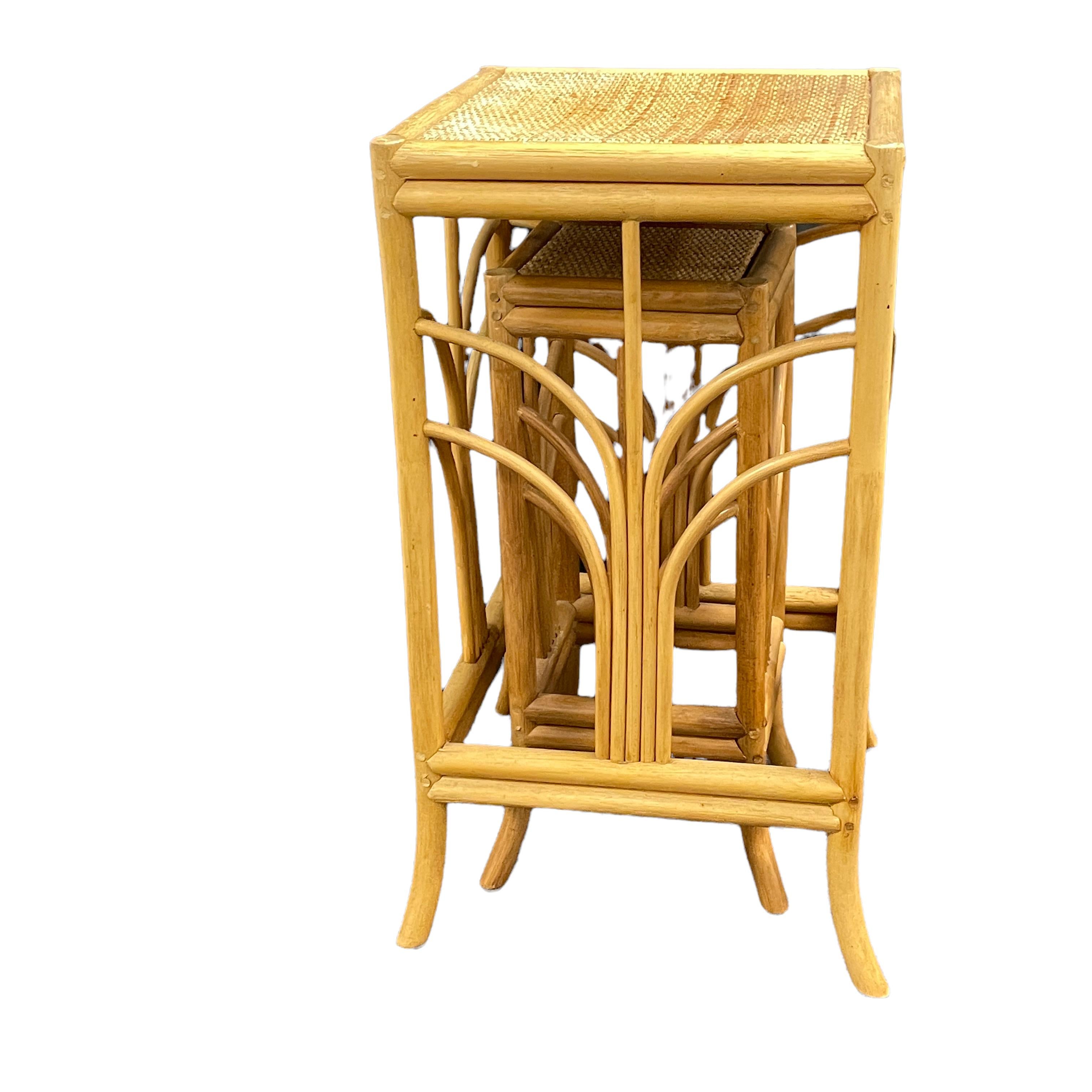 Italian Set of Two Vintage Bohemian Rattan Bamboo Plant Stand Nesting Tables, Italy For Sale