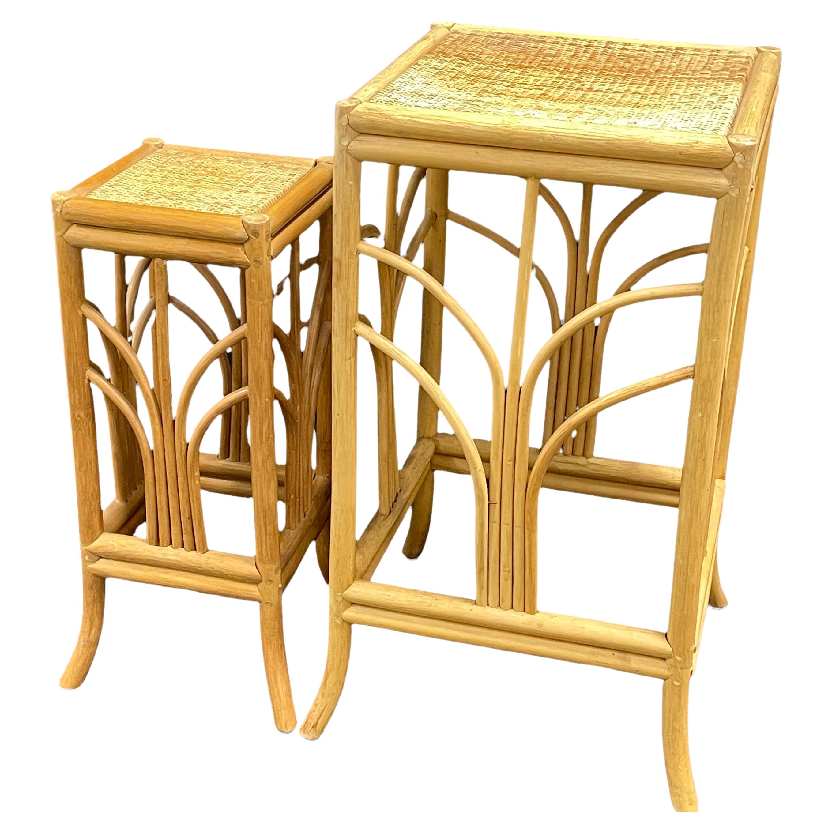 Set of Two Vintage Bohemian Rattan Bamboo Plant Stand Nesting Tables, Italy For Sale