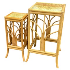 Ensemble de deux tables gigognes vintage en rotin et bambou avec support à plantes, Italie