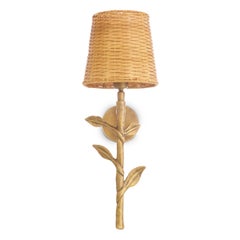 Set of Two Vintage Brass Wall Lamp with Rattan Shade