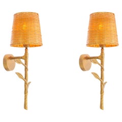 Set of Two Vintage Brass Wall Lamp with Rattan Shade