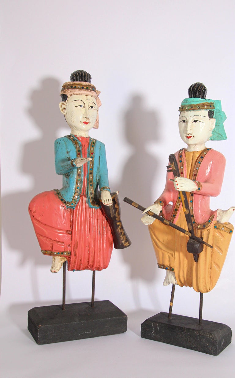 Set of Two Vintage Carved Wood Thai Musicians Sculptures on Stand at