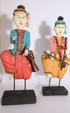 Set of Two Vintage Carved Wood Thai Musicians Sculptures on Stand
