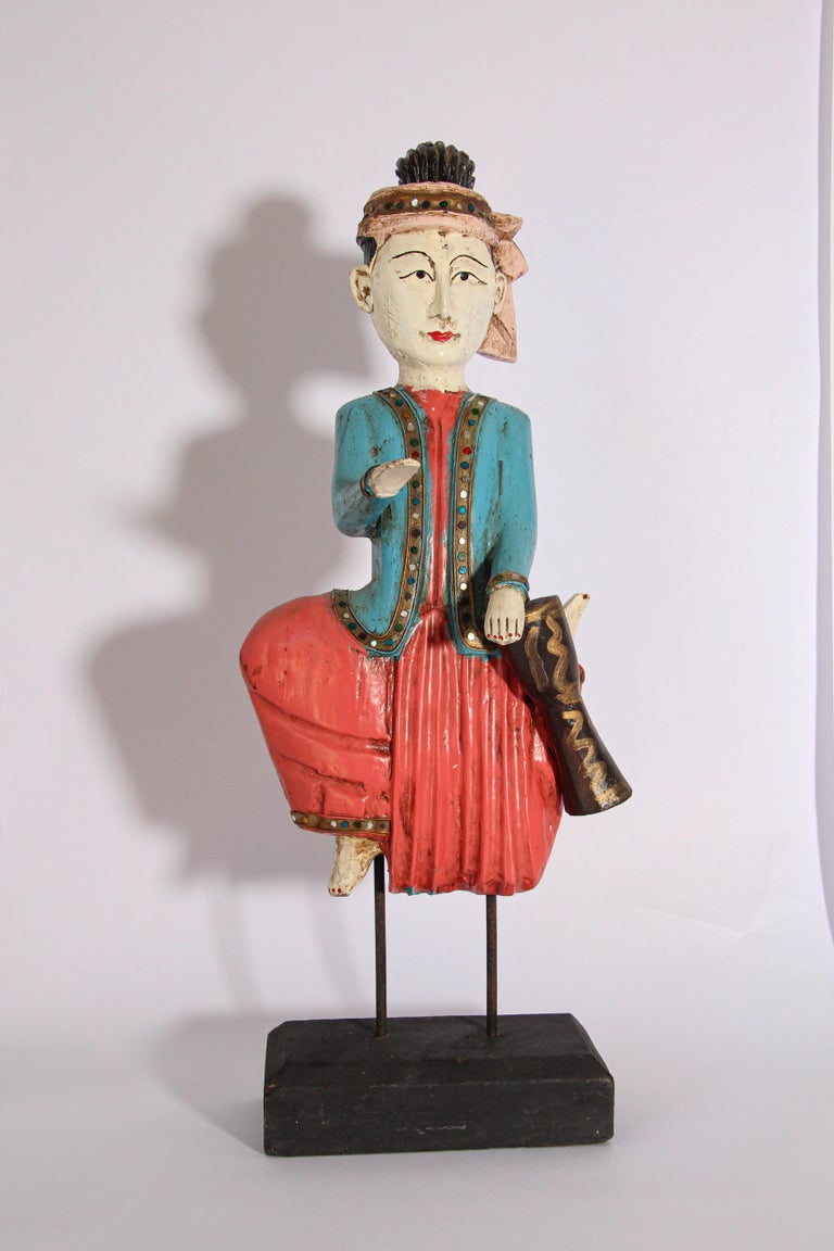 Set of Two Vintage Carved Wood Thai Musicians Sculptures on Stand at