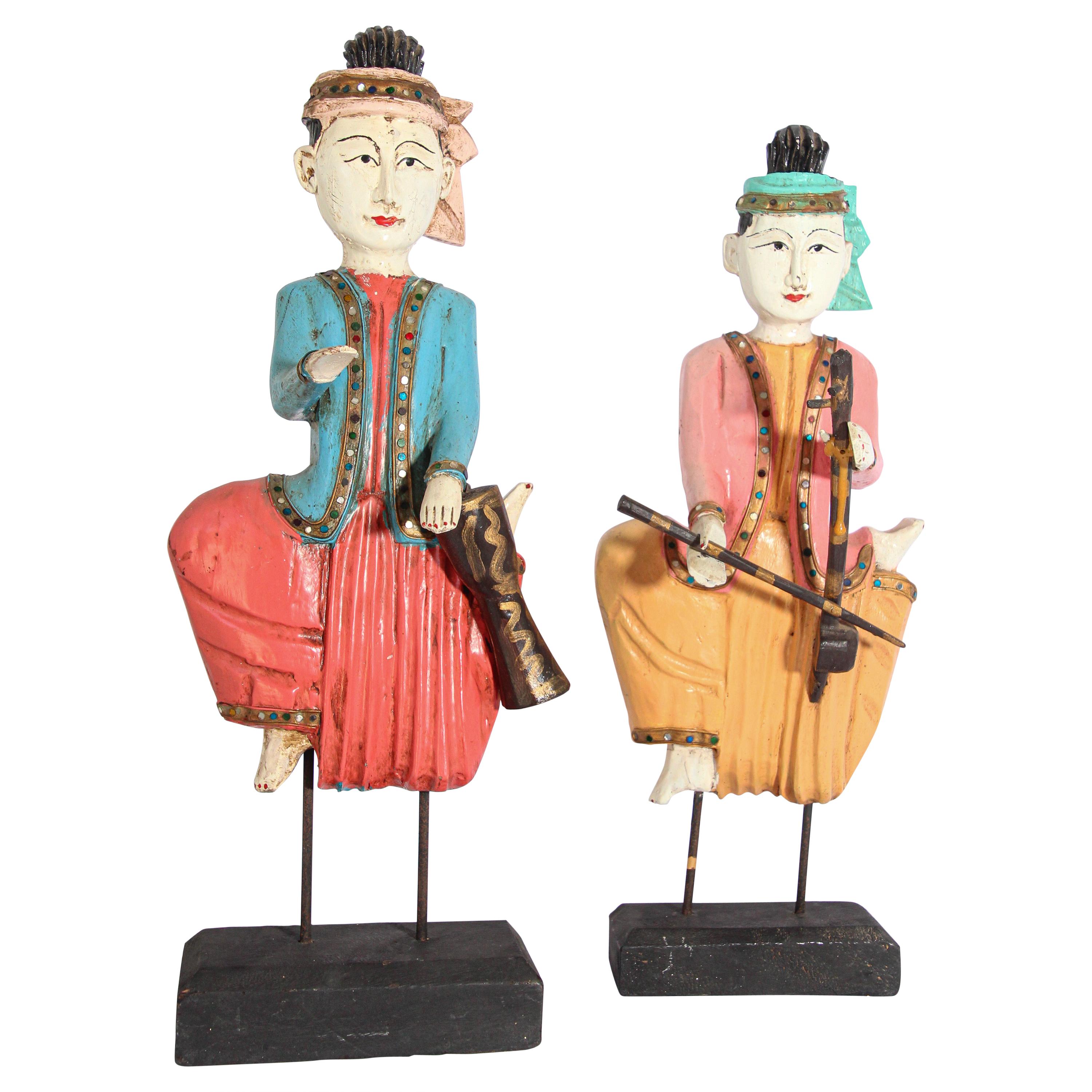 Set of Two Vintage Carved Wood Thai Musicians Sculptures on Stand