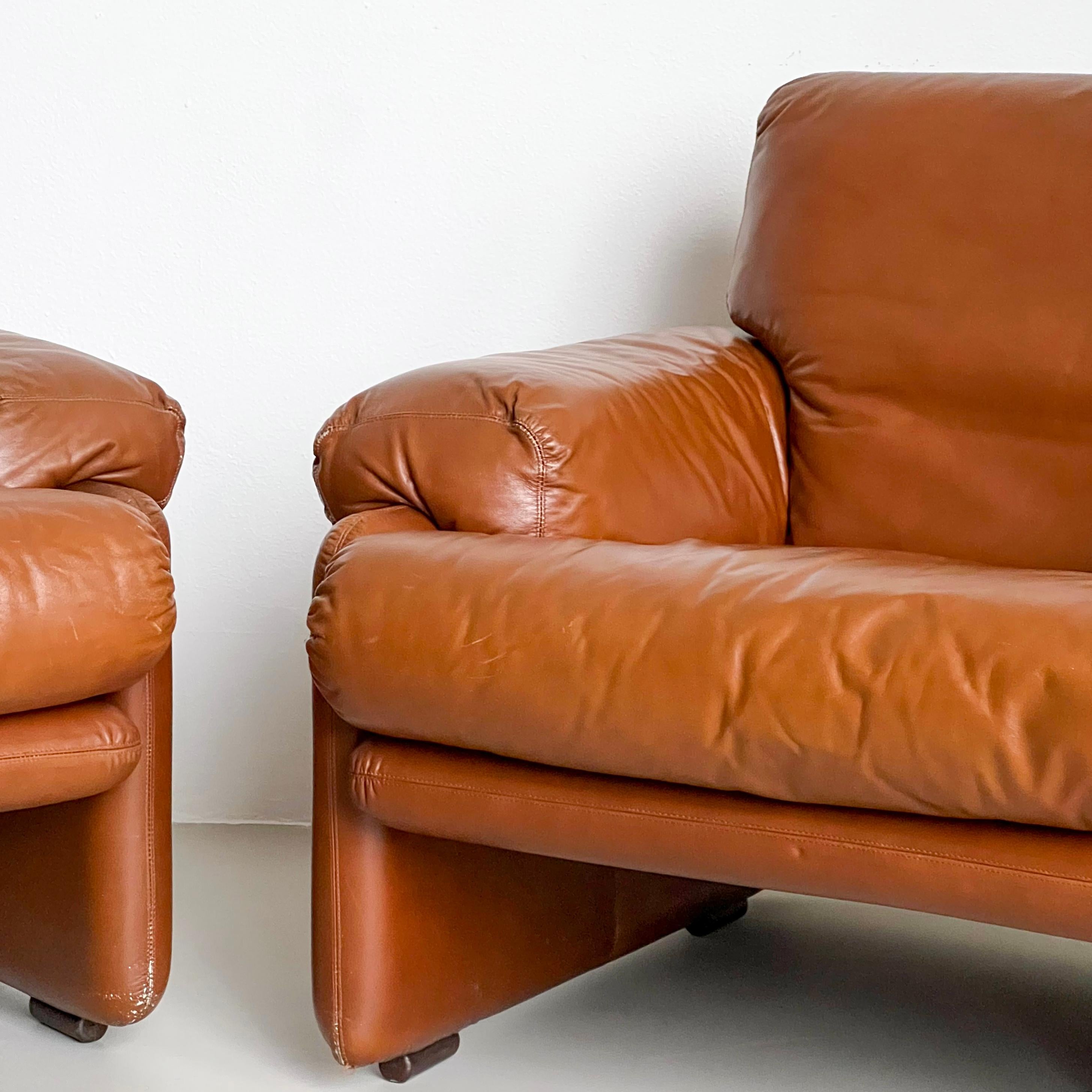 Mid-Century Modern Set of Two Vintage Coronado Armchairs in Tobacco Leather by Tobia Scarpa for B&B