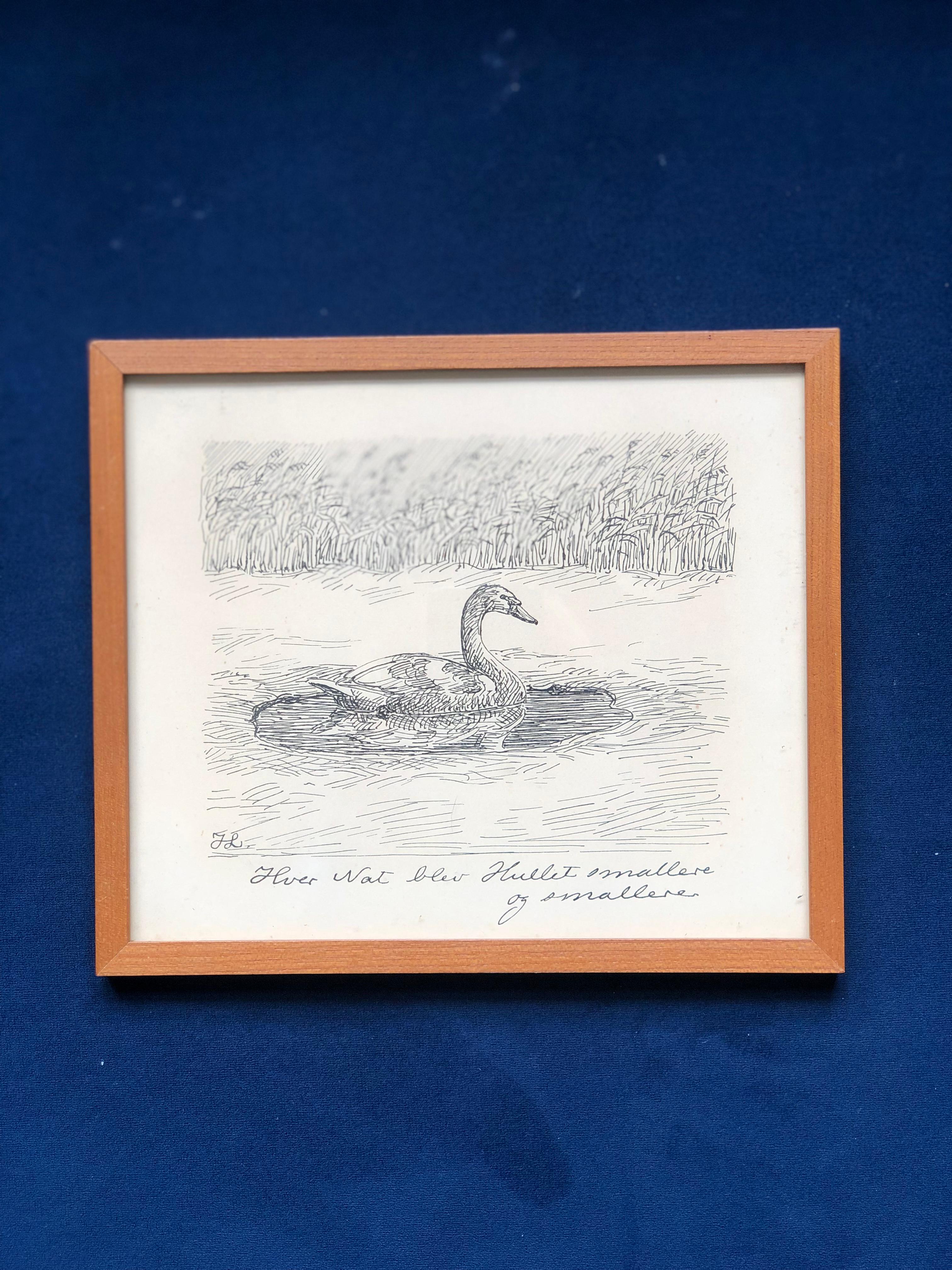 Satz von zwei Vintage Danish Original schwarze Tinte Radierungen eines Schwans in Holzrahmen (Dänisch) im Angebot