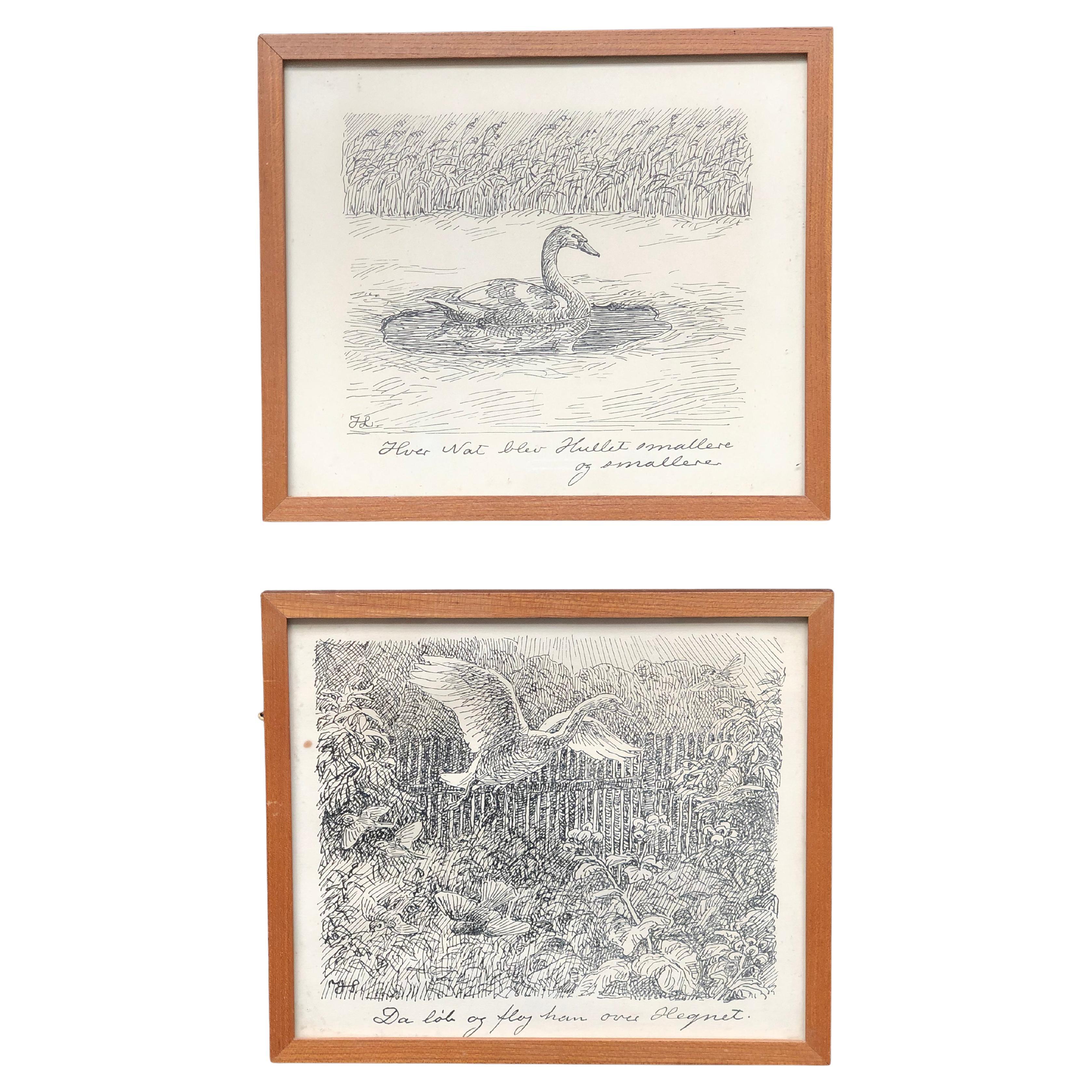 Satz von zwei Vintage Danish Original schwarze Tinte Radierungen eines Schwans in Holzrahmen im Angebot