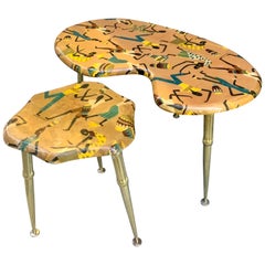 Ensemble de deux tables vintage décorées et laquées, années 1950
