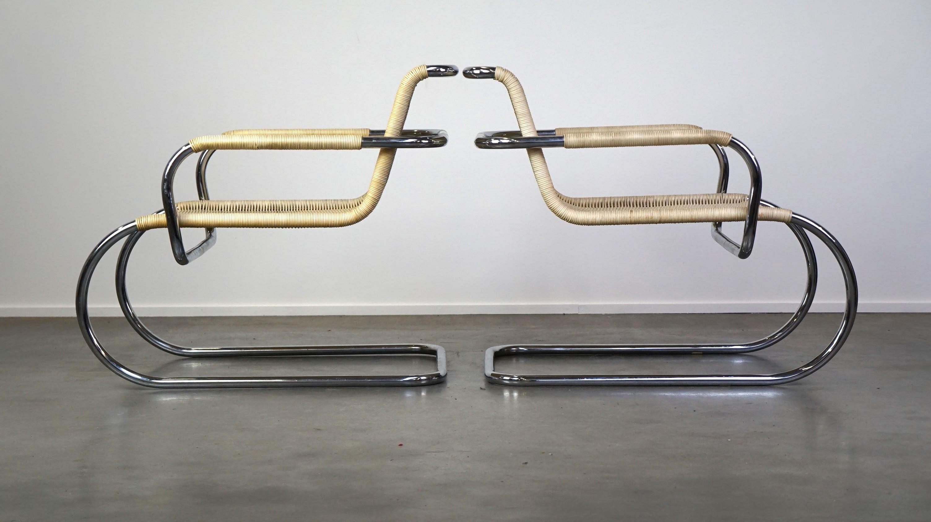 20th Century Set of two vintage design chairs by Franco Albini for Tecta, chrome and rattan For Sale