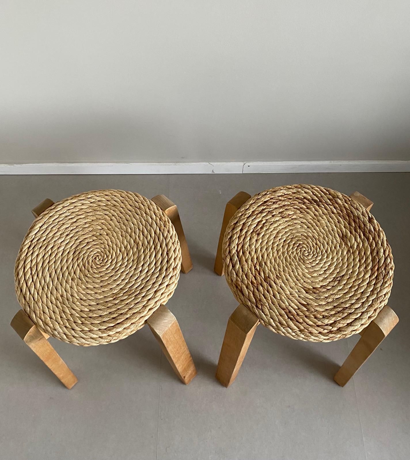 European Set of Two vintage Four-Legged Organic Woven Stools, In Style Of Adoux And Minet For Sale