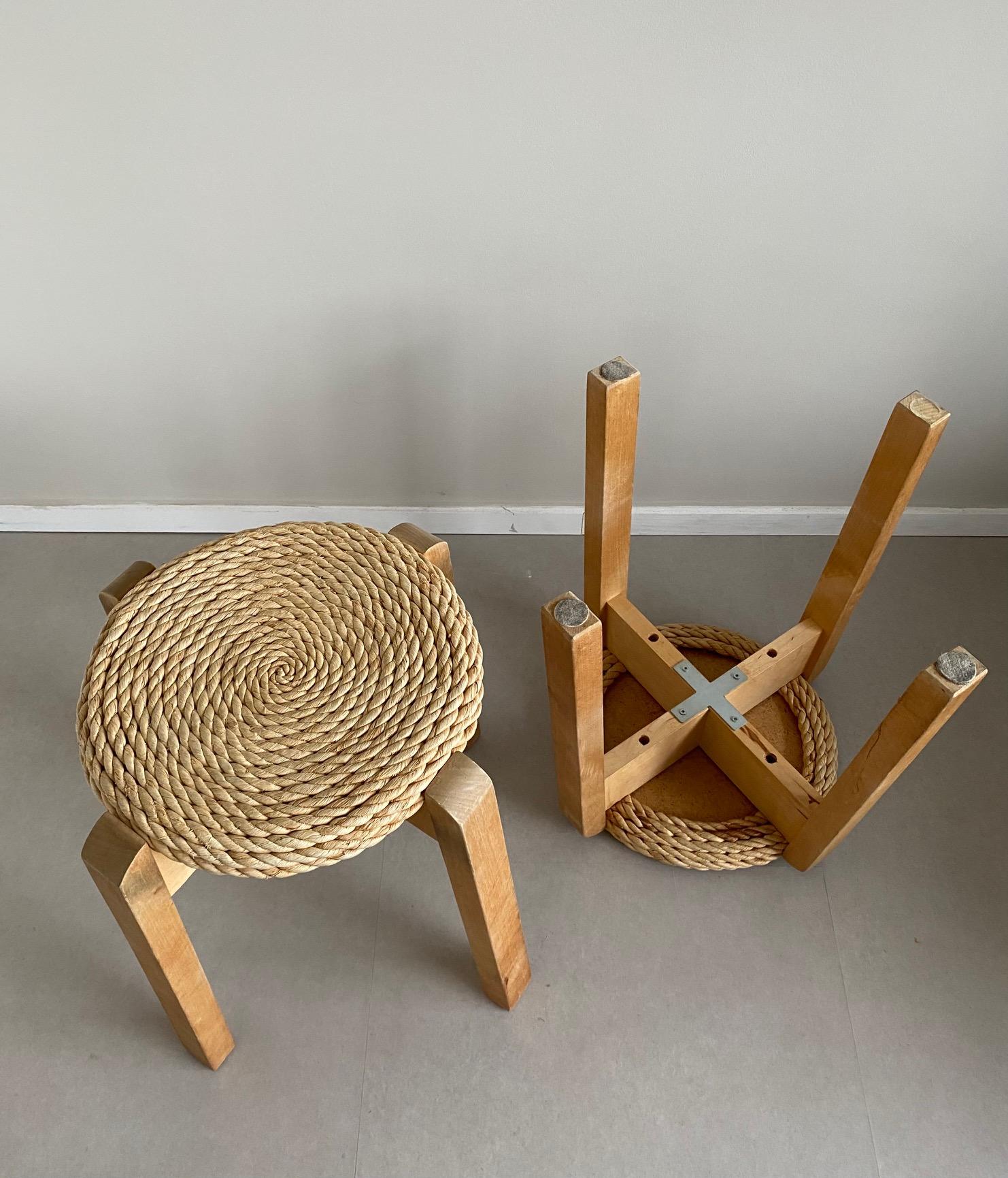 Hand-Woven Set of Two vintage Four-Legged Organic Woven Stools, In Style Of Adoux And Minet For Sale