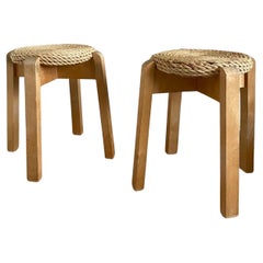 Set of Two vintage Four-Legged Organic Woven Stools, In Style Of Adoux And Minet