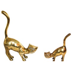 Set of Two Retro Large Polished Cast Brass Cat Sculptures