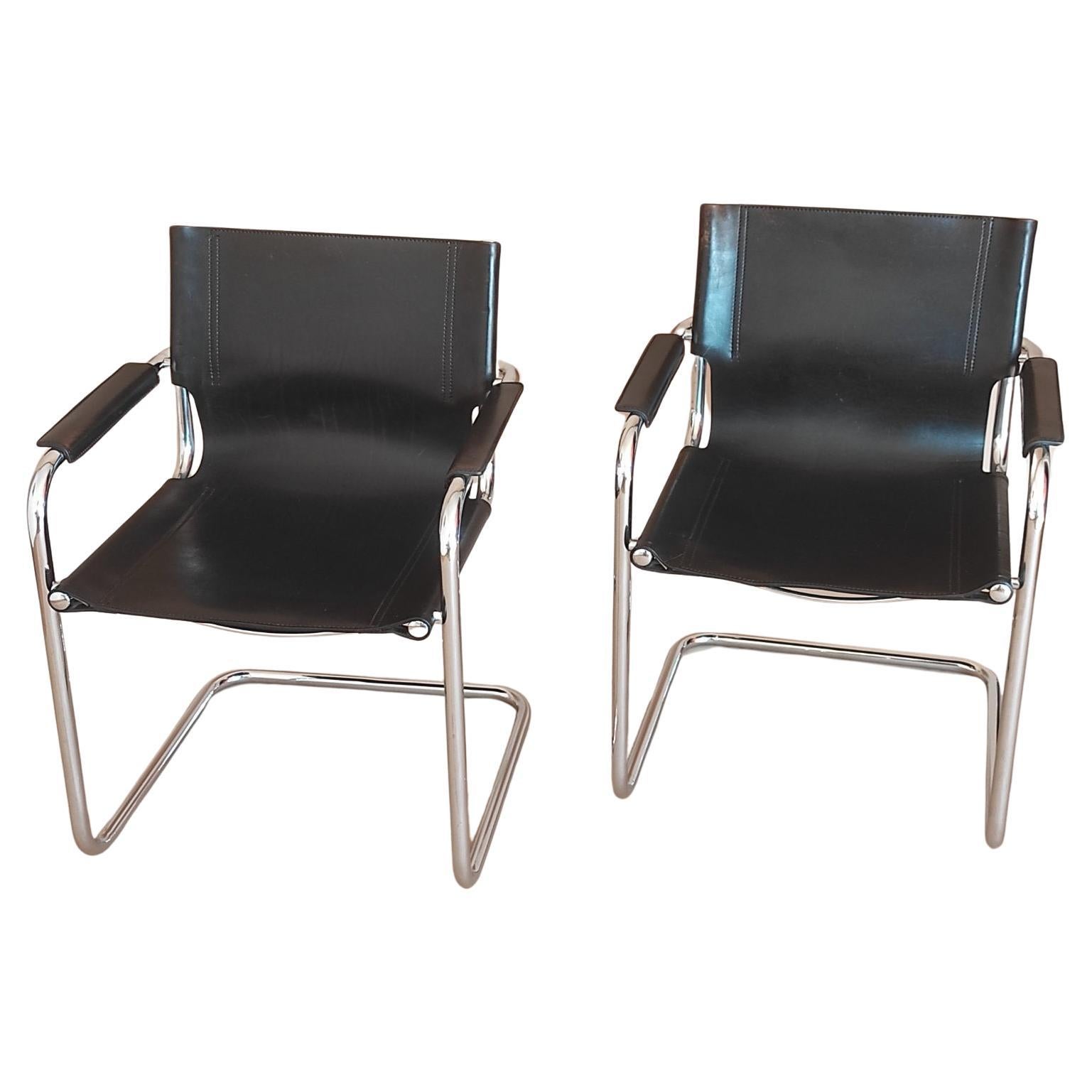 Set of Two Vintage Leather Cantilever Chair By FASEM Italy 1980s For Sale