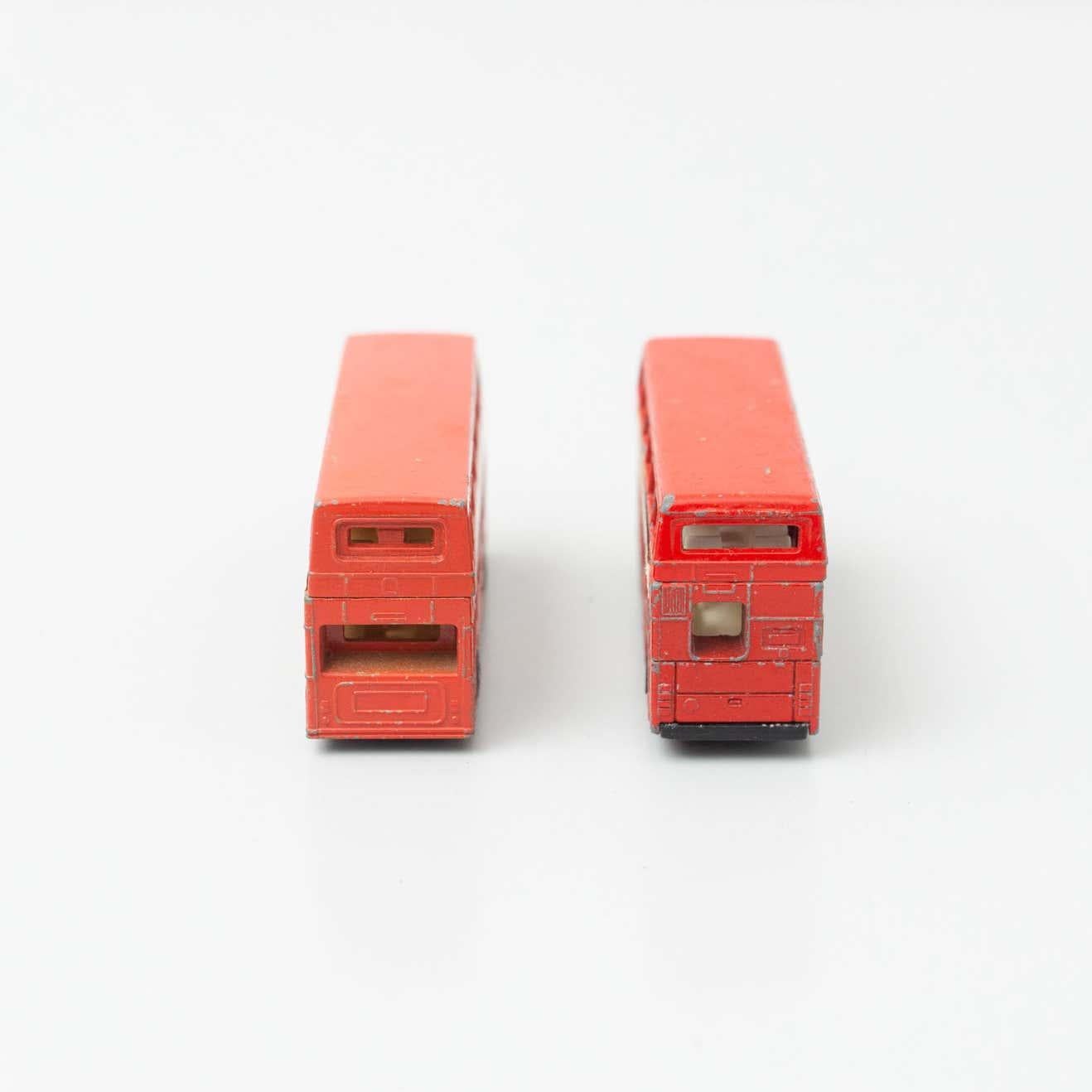 Mid-Century Modern Set of Two Vintage London Bus Match Box Car Toys, circa 1960 For Sale