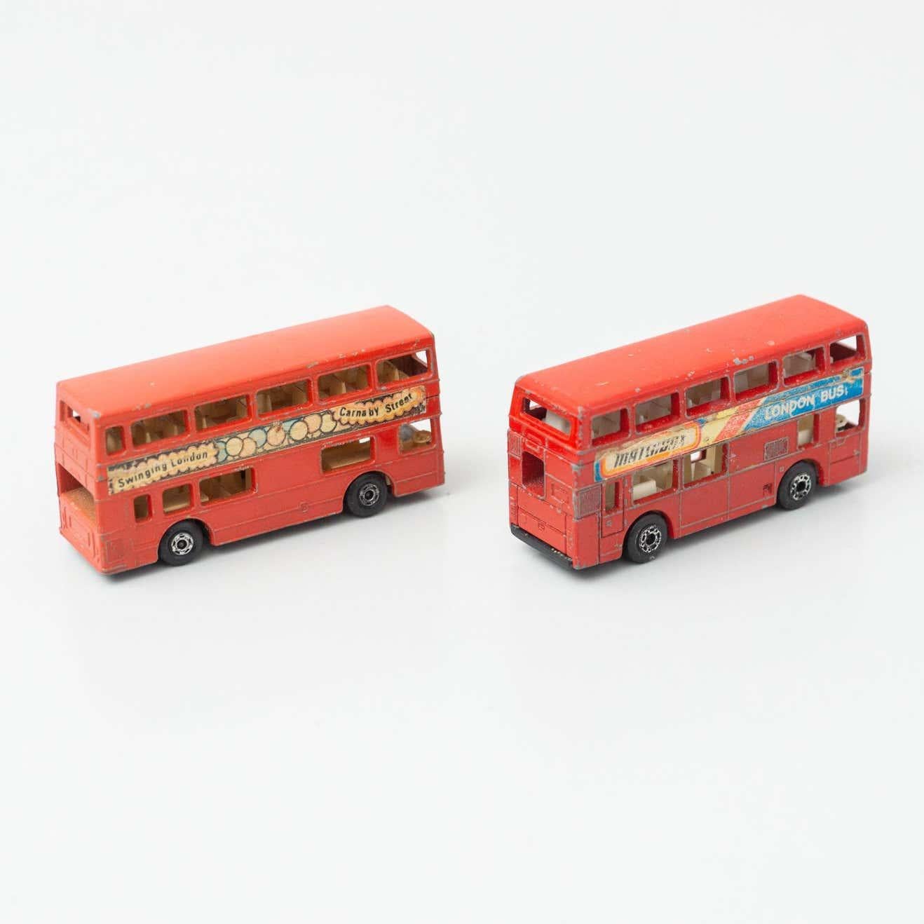 French Set of Two Vintage London Bus Match Box Car Toys, circa 1960 For Sale