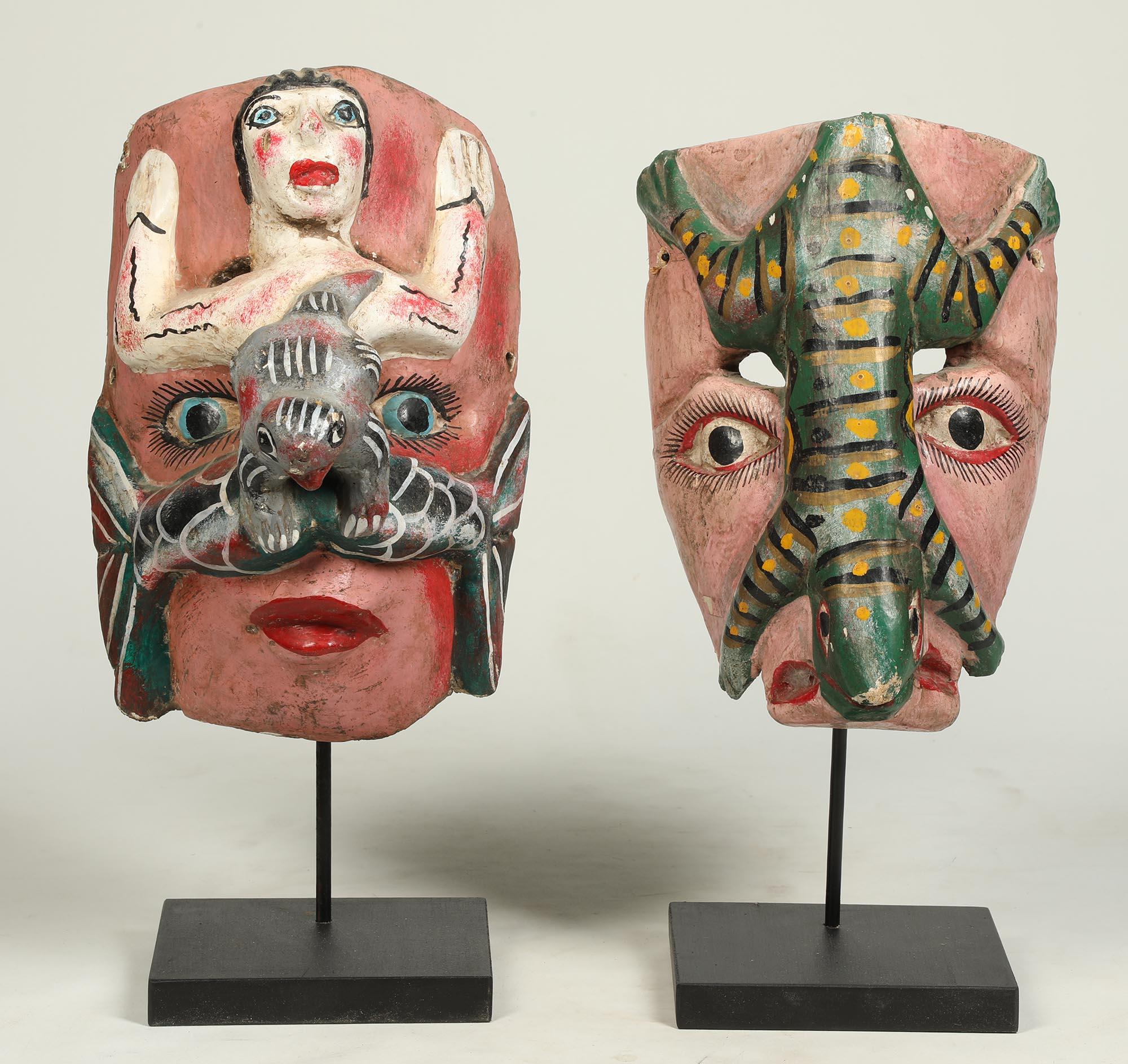 Hand-Crafted Set of Two Decorative Vintage Mexican Painted Dance Masks Lizard & a Mermaid For Sale