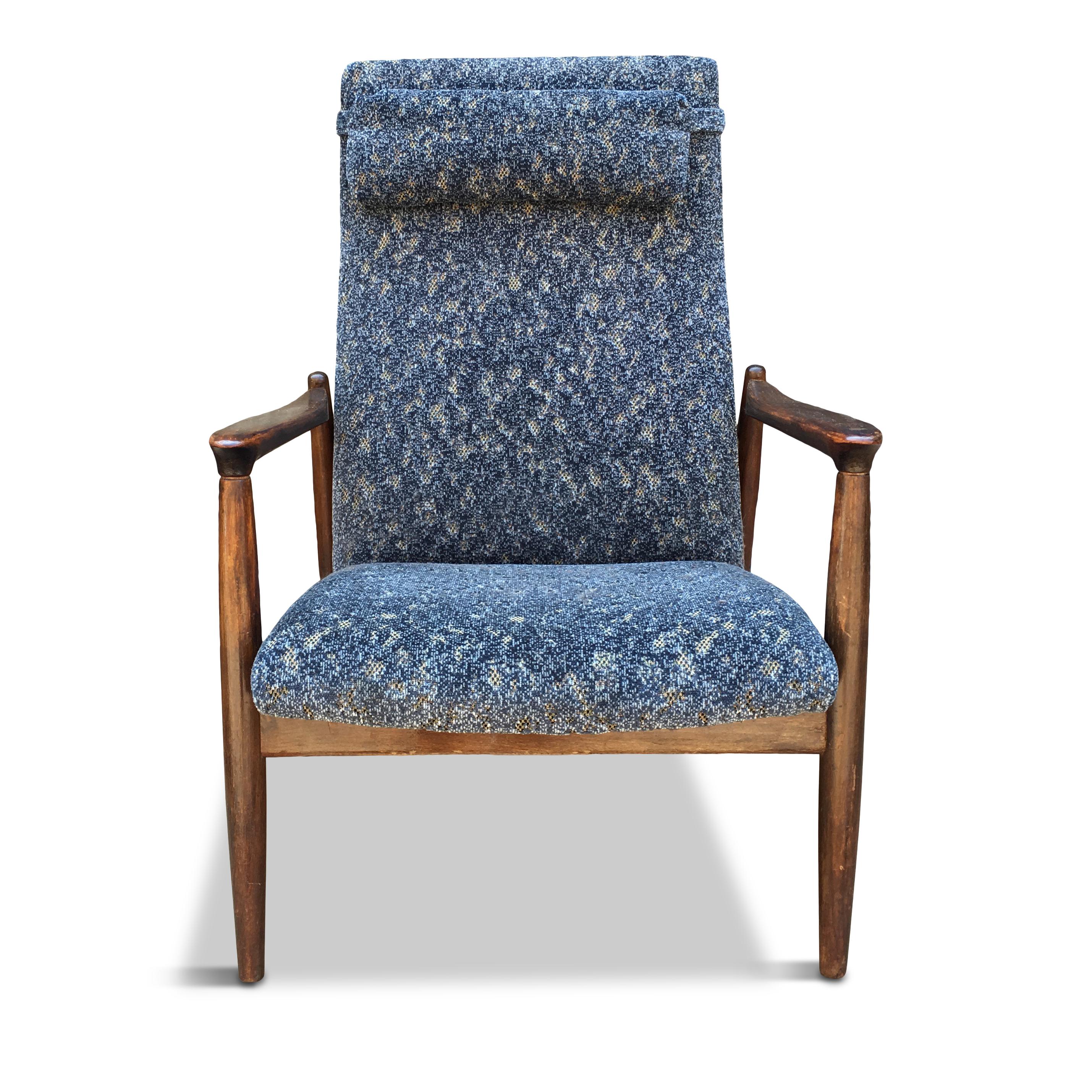 Scandinavian Modern Set of Two Vintage Oak Blue Velour Easy Chairs, 1970s For Sale