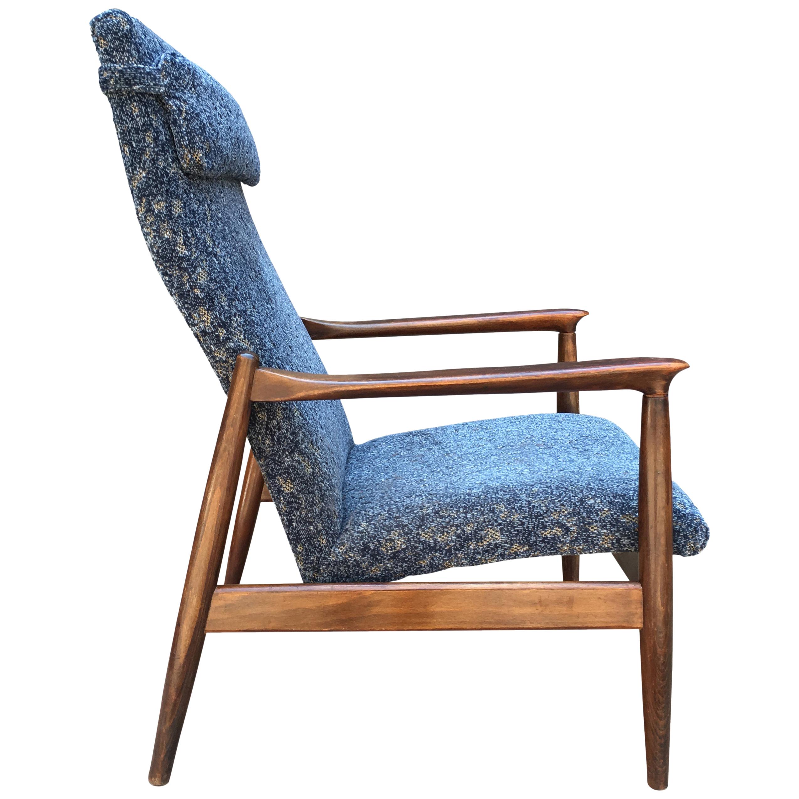 Set of Two Vintage Oak Blue Velour Easy Chairs, 1970s For Sale