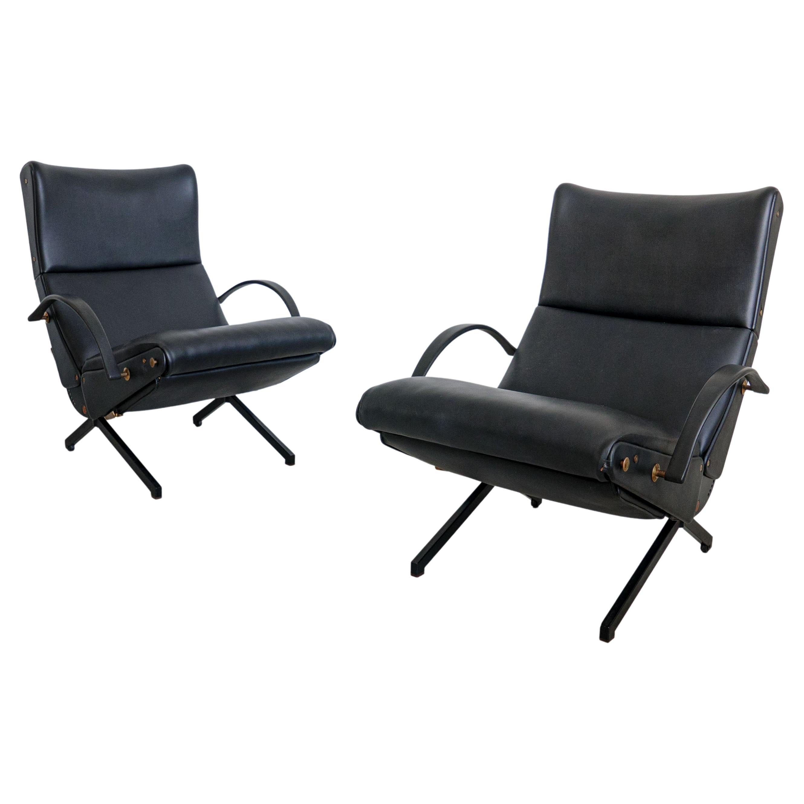 Set of Two Vintage P40 Lounge Chairs by Osvaldo Borsani for Tecno, Black Leather For Sale