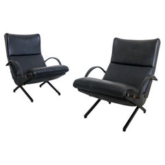 Set of Two Vintage Borsani P40 Reclining Lounge Chairs, Original Black Leather