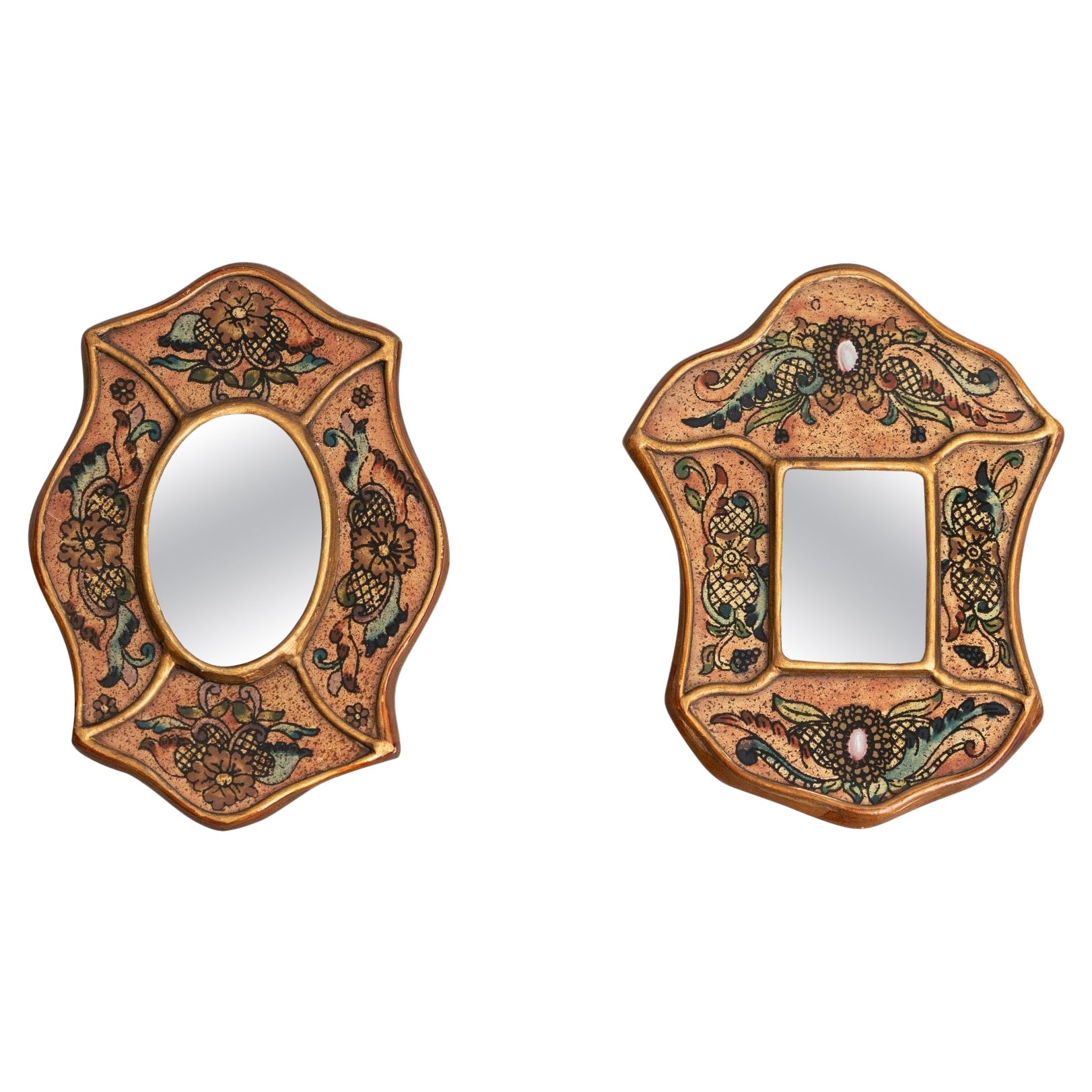 Set di due specchi da parete in legno peruviano vintage di metà secolo dipinti a mano