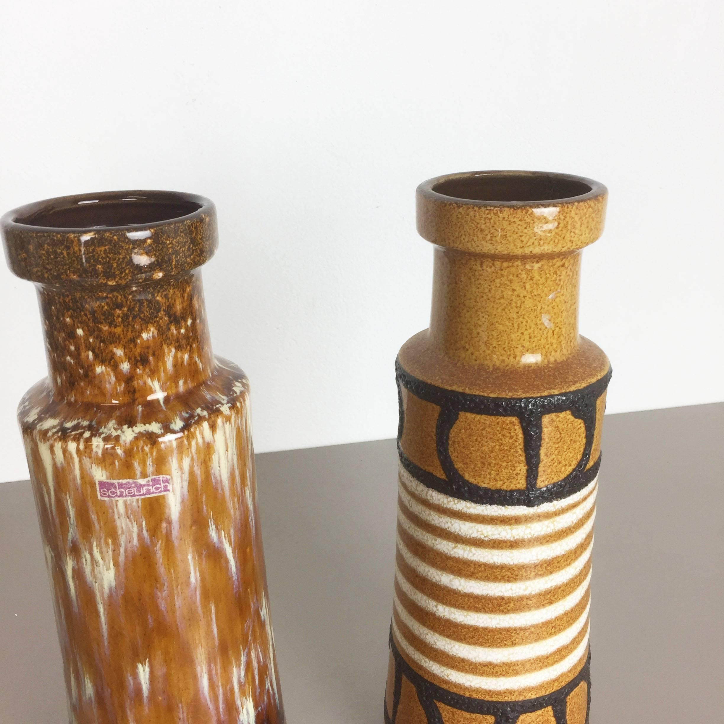 Mid-Century Modern Set of Two Vintage Pottery Fat Lava Glazed Vases Made by Scheurich Germany 1970s
