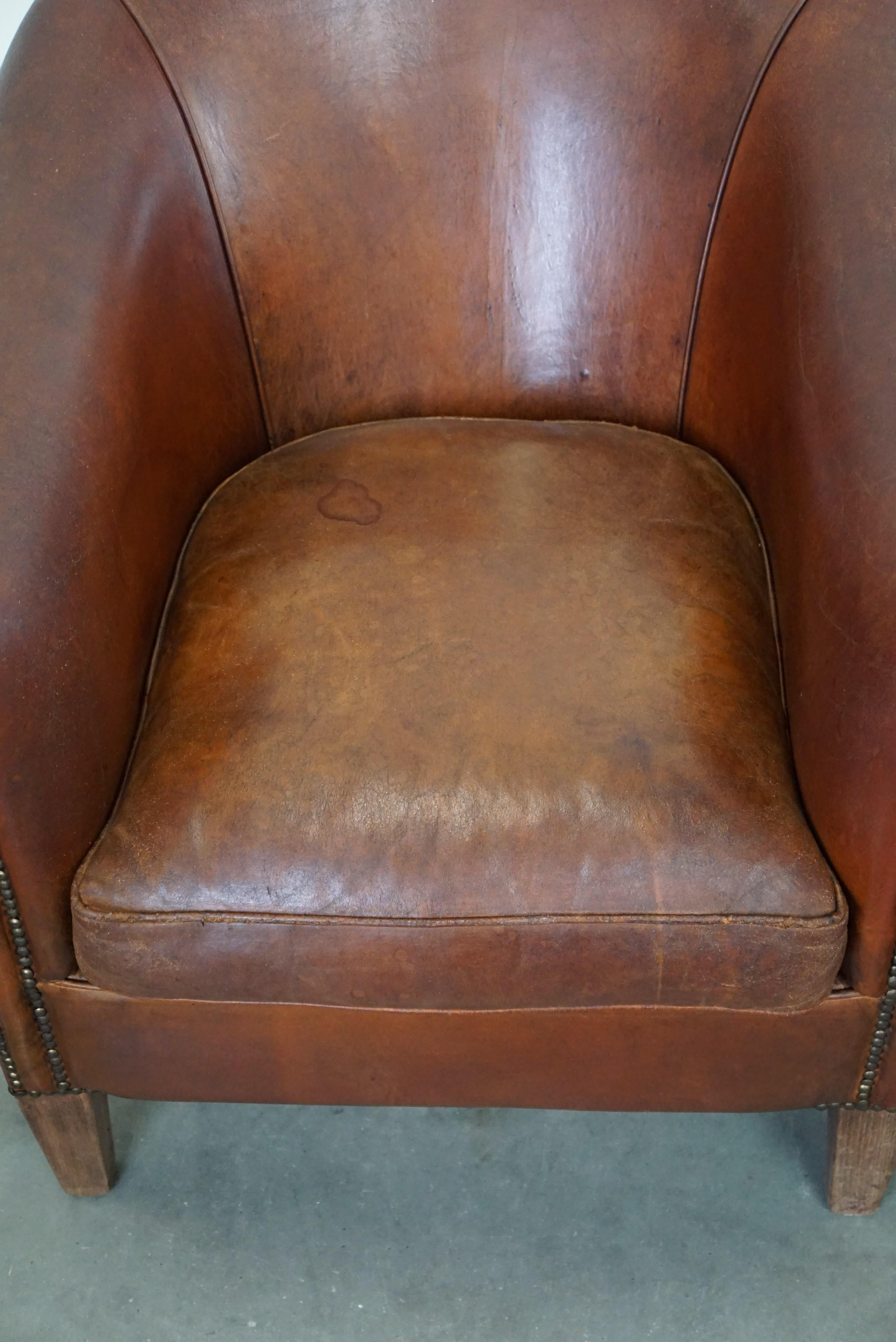 Set of two vintage sheep leather club armchairs with a rugged character For Sale 1