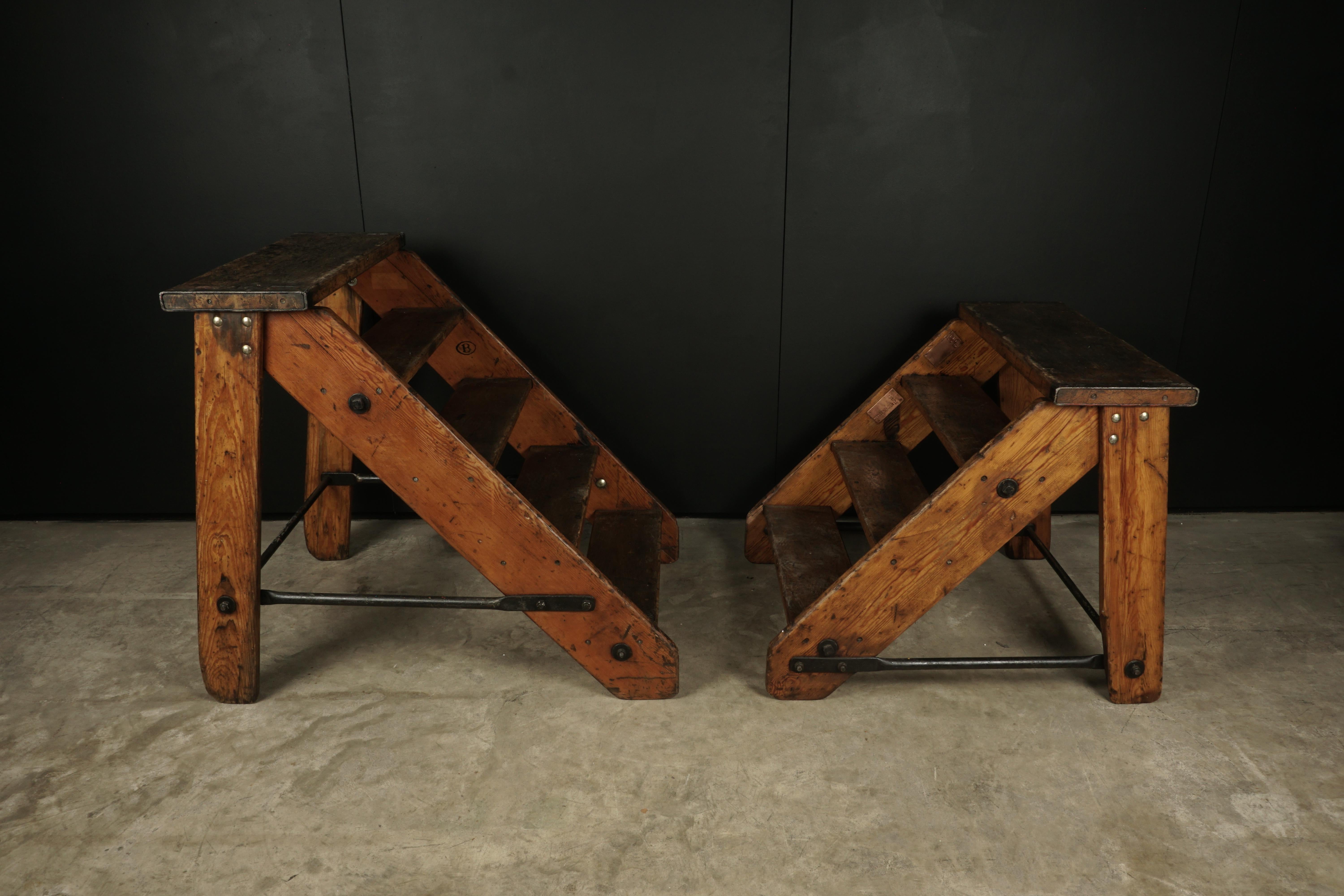 European Set of Two Vintage Step Ladders from Belgium, circa 1940