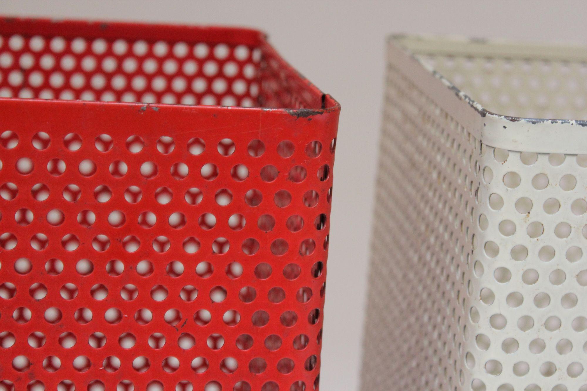 Set of Two Vintage White and Cream Perforated Wastebaskets after Mathieu Matégot For Sale 7