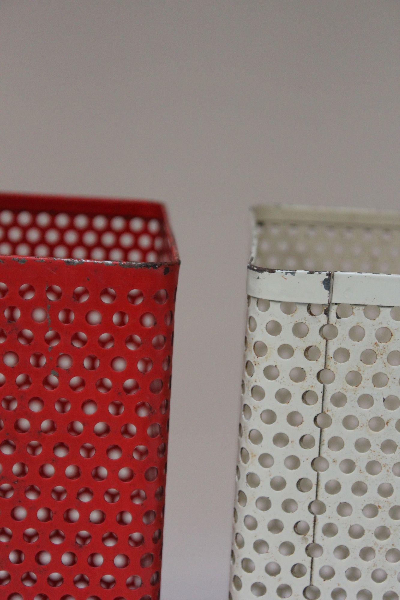 Set of Two Vintage White and Cream Perforated Wastebaskets after Mathieu Matégot For Sale 8