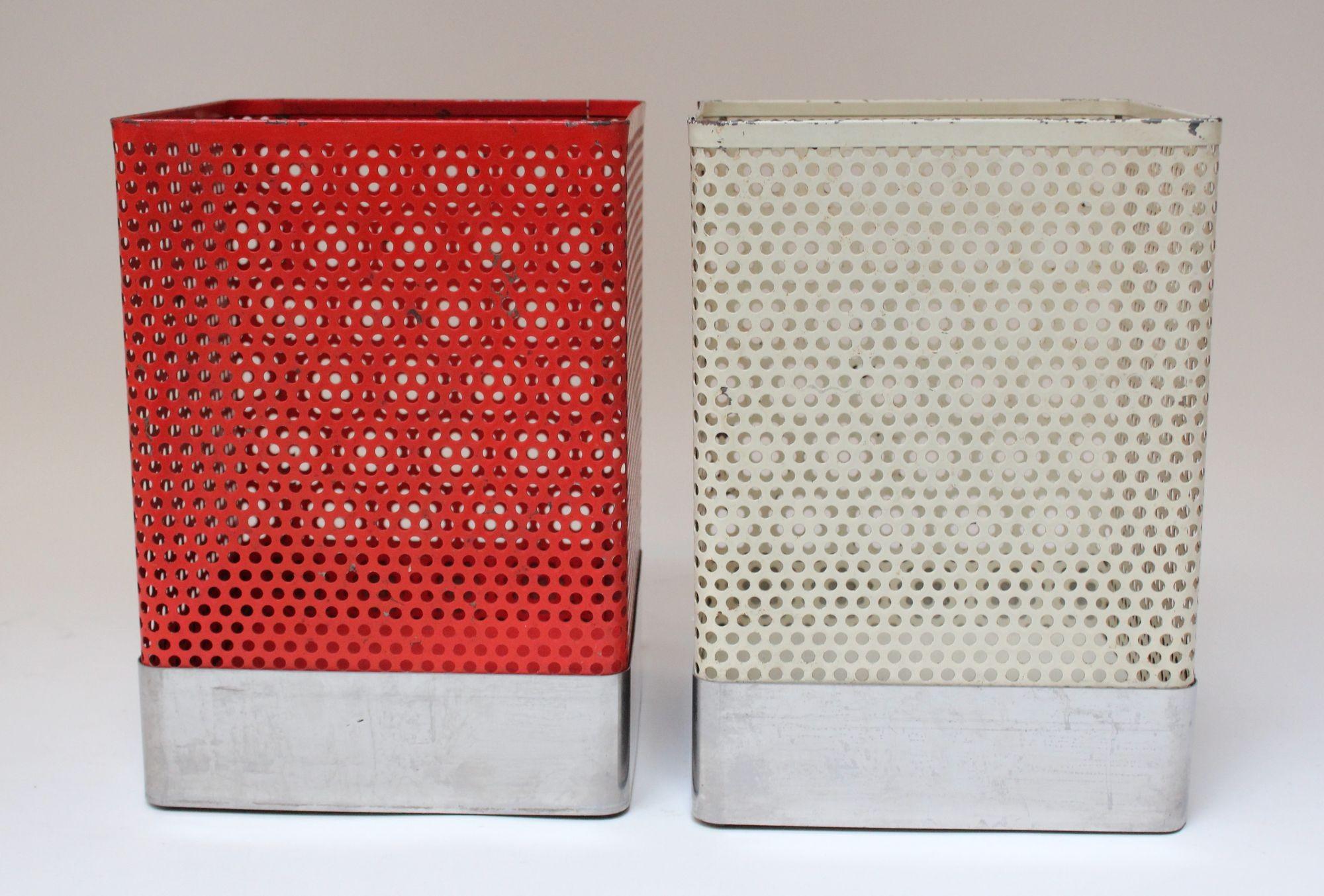 Mid-Century Modern Set of Two Vintage White and Cream Perforated Wastebaskets after Mathieu Matégot For Sale