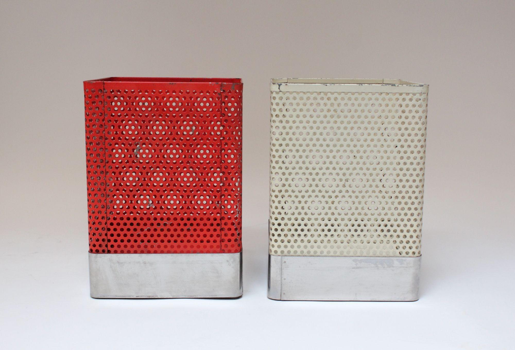 Italian Set of Two Vintage White and Cream Perforated Wastebaskets after Mathieu Matégot For Sale