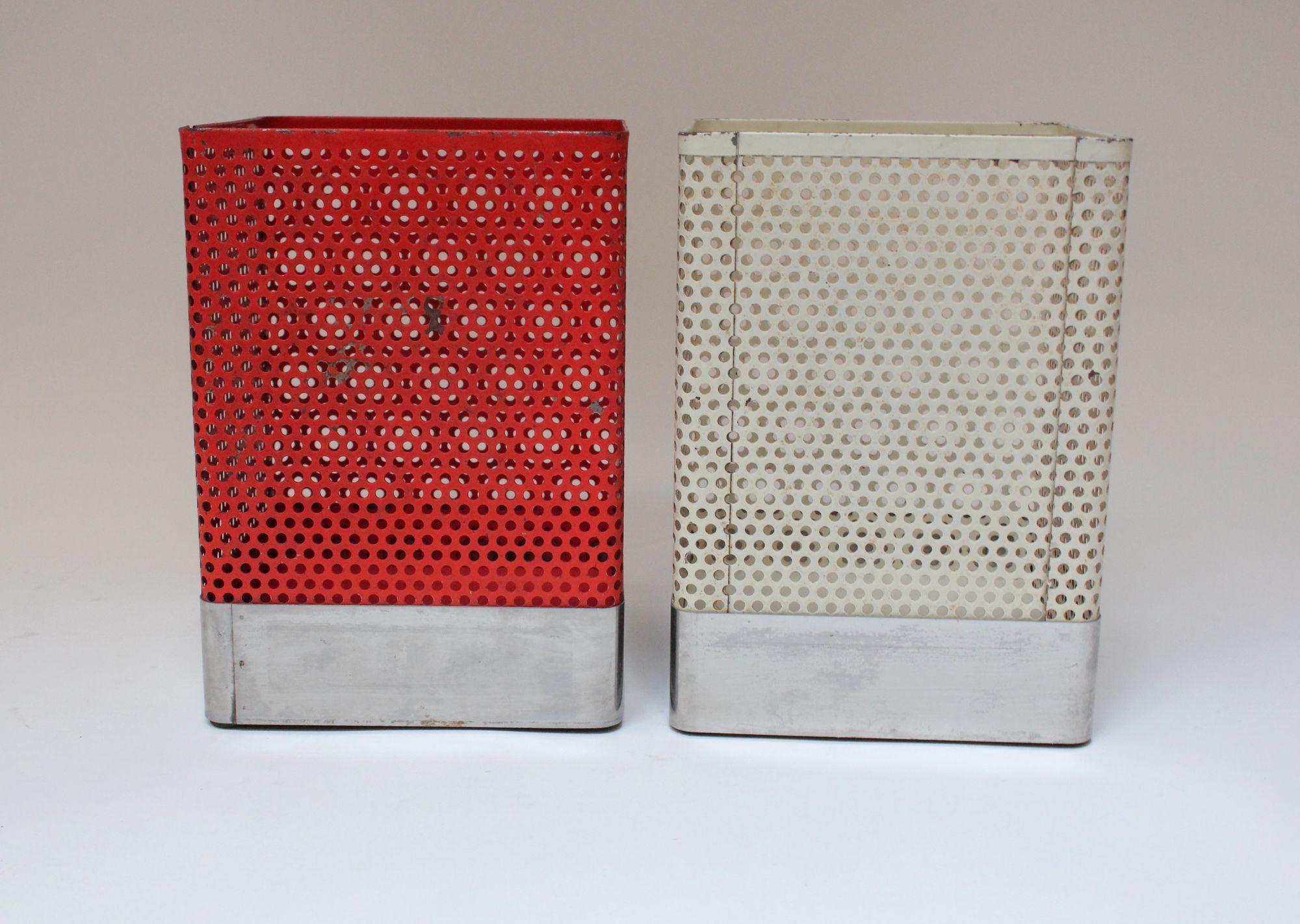 Set of Two Vintage White and Cream Perforated Wastebaskets after Mathieu Matégot In Distressed Condition For Sale In Brooklyn, NY