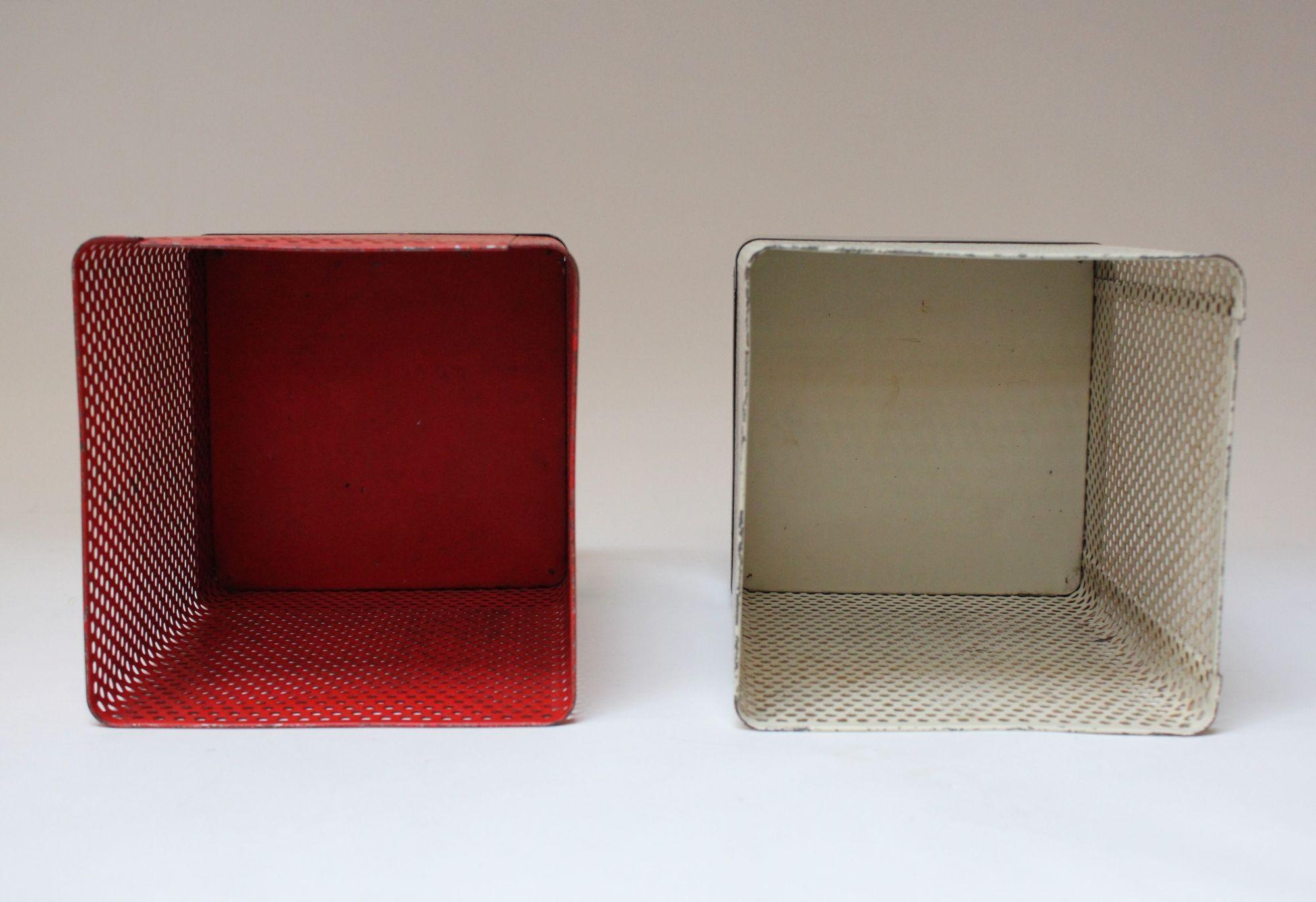 Mid-20th Century Set of Two Vintage White and Cream Perforated Wastebaskets after Mathieu Matégot For Sale