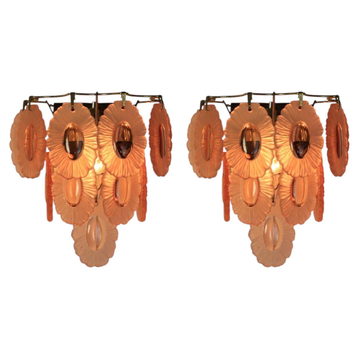 Set of two Wall Lamps with Pink Glass Medallion, Original Vintage, 1970s