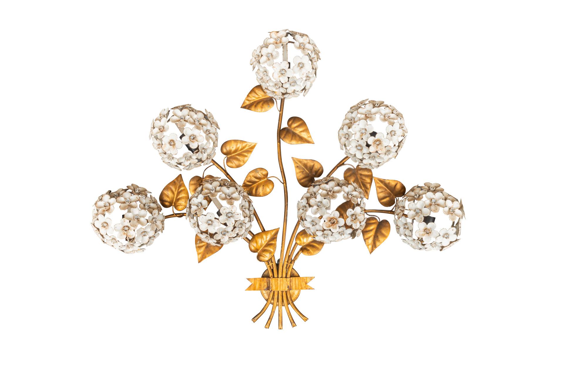 In the style of Hans Kogl, set of two wall lights and one double wall light, 
Gilded brass decorated with hydrangeas in white lacquered iron and foliage,
The two wall lights with two sconces, the double wall lamp with seven sconces,
circa 1960,